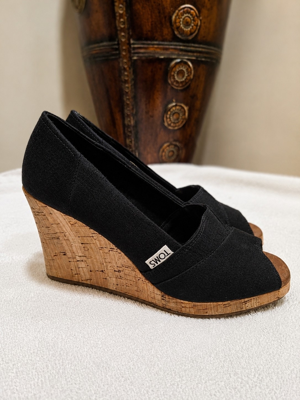 TOMS Black Peep Toe Cork Wedge Heels Size 7.5W